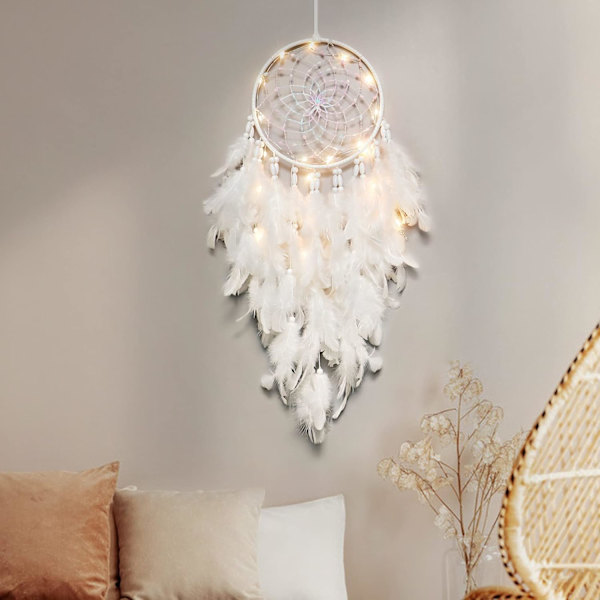 Boho Drømmefanger med LED-lys og fjer til børneværelset-FO-