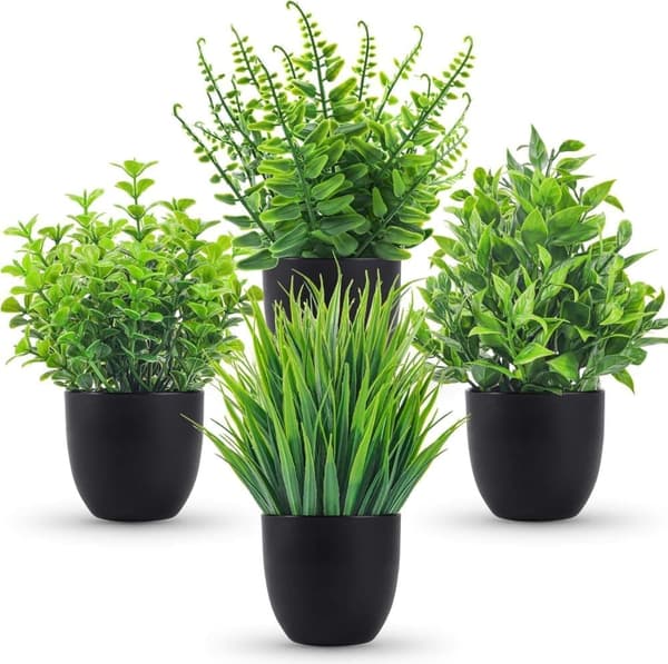 4-pack Artificial Plants - Small Fake Plants in Black Pot for Halloween, Bathroom, Home, Kitchen, Table & Office Decoration-FO-