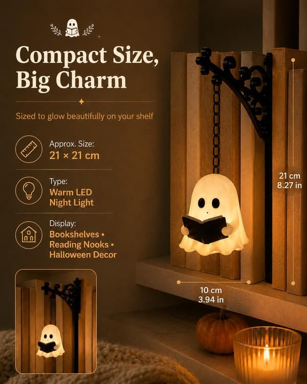 Ghost Shelf Lantern, Cute Ghost Reading Book Lamp, Ghosts Reading Statue Halloween Decor Lamp, for Bookshelves, Reading Nooks, Halloween Displays-FO-