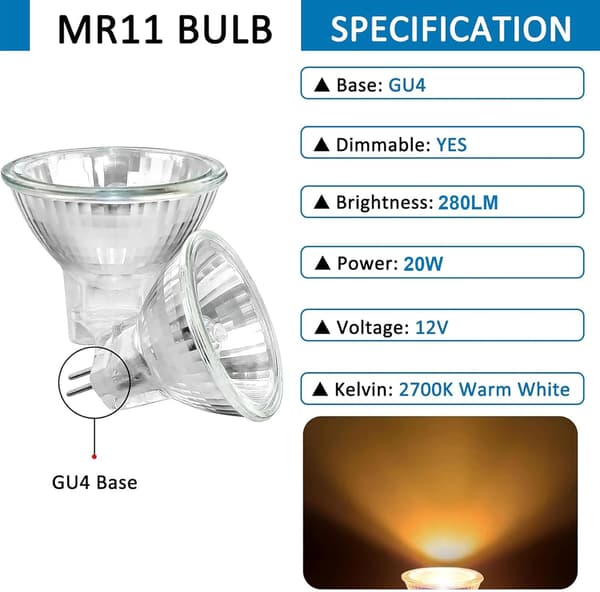 8-pakning MR11 GU4 Halogen Spotlights 12V 20W Dimbar 2700K