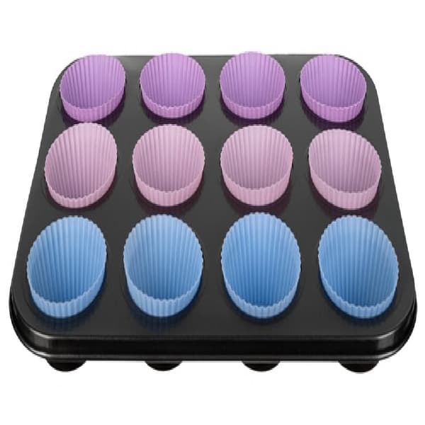 Uunipelti + 12 kpl silikonimuffinssi-/pullamuottia - Moniväriset muotit-FO- multifärg multicolor