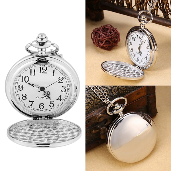 Klassisk quartz analog glat lommeur halskæde vedhæng med kæde sølv