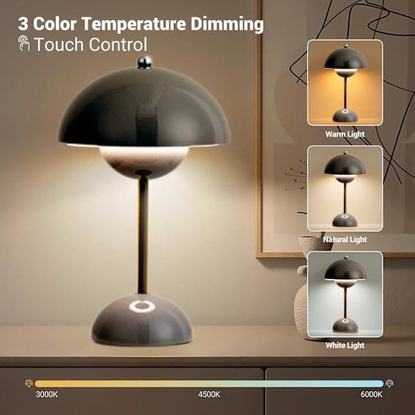 LED-bordlampe, trådløs batteri, berøringsregulerbar blomsterpottebord, 3 farver moderne svampelampe, genopladelig blomsterpottelys, (sort)