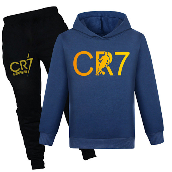 CR7 Ronaldo Barn Pojkar Casual Träningsoverall Fotboll Tröja med huva Träningsbyxor Tröja Outfit Marinblå 140 cm Navy blue
