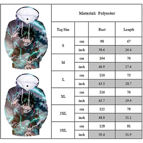 My Hero Academia Hettegensere for Voksne Casual Izuku Midoriya 3D-Trykt Genser Topper Hettegenser Gaver M