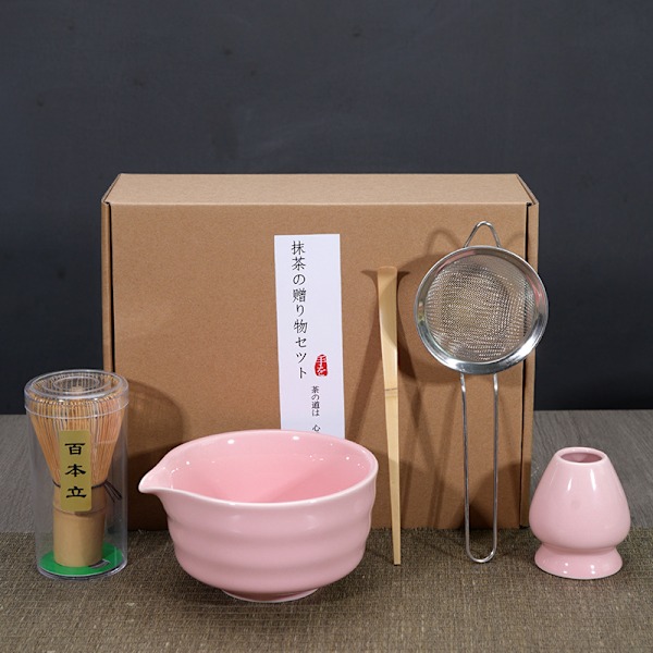 Keramisk tesæt, inklusive matcha-skål, matcha-vispeholder og matcha-visp, 5-delt sæt rosa pink