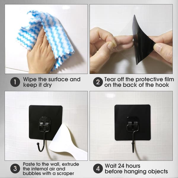 12-pack Adhesive Hooks, Heavy Duty Waterproof Self Adhesive Hooks, Strong Black Sticky Hooks for Wall Mount-FO-