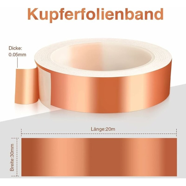 Kobberbånd mot snegler, 30 mm x 20 m Anti-sneglebarrierebeskyttelse mot snegler Opphøyde bedplanter, Selvklebende kobberbånd Forsvar mot S