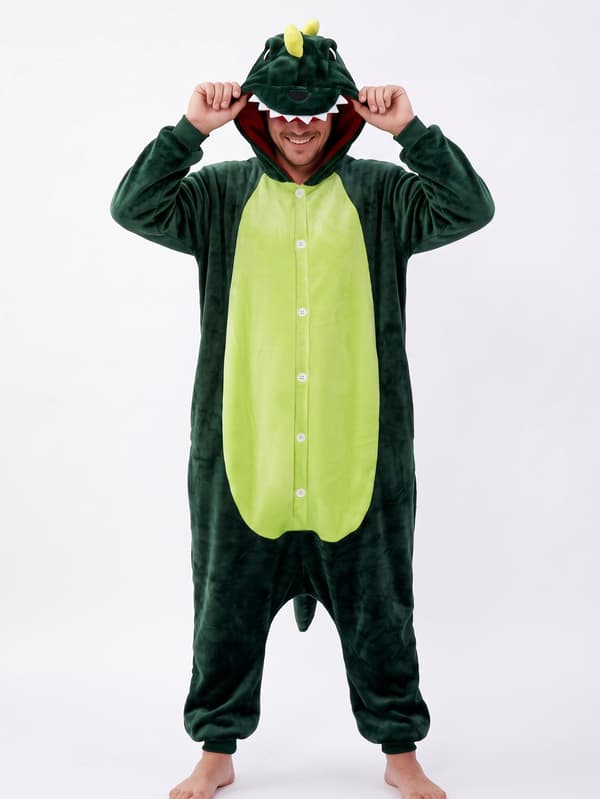 Dinosaur Djur Tecknad Par Pyjamas Onesie för Vuxna Vinter Höst Rollspelsdräkter M 1PC Green