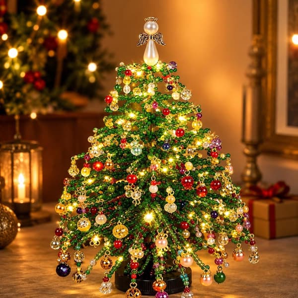 DIY Beaded Christmas Tree Kit 3D Crystal Bead Craft Set with Colorful Beads Metal Frame & Angel Topper Handmade Table Decoration Gift-FO- A