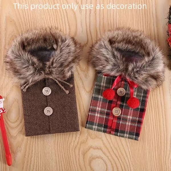 2 stk. julevinflaskebetræk med plysset pelskrave - polyester julepynt Red+Gray Red+Gray