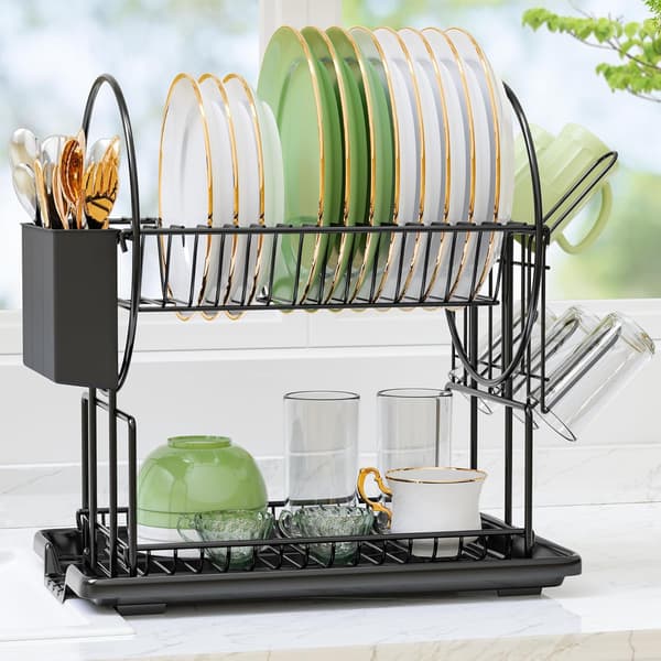 2-Tier Black Dish Drying Rack with Drainboard, Stainless Steel Dish Drainer