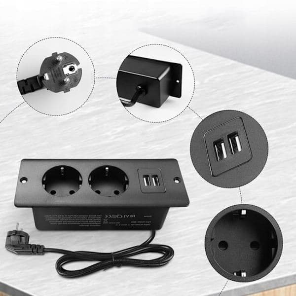 4-in-1 Power Strip - Black - 2 Power Outlets, 2 USB A Ports - 1.5 m Cable - Durable with Multiple Safety Features - Hidden Mounting Design-FO-