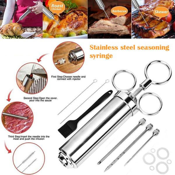 Kødinjektor rustfrit stål Marinade smag Mad Grill sæt Holdbar-FO- Orange