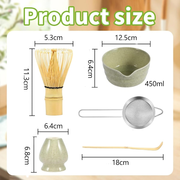 Ceramic Tea Set, inklusive Matcha skål, Matcha visphållare och Matcha visp, 5-delars set grön green