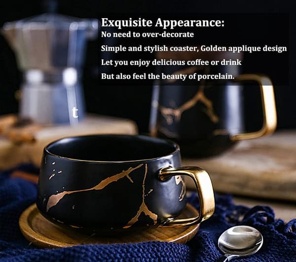 2 stk. tekopper og underkopper sæt, porcelæn espresso kaffekop sæt, med underkop og ske, keramiske krus sort, 300 ml-FO-