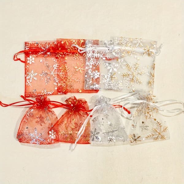 Snöflingeorganzapåsar med dragsko för julbröllopssmyckesförpackningar 9x12cm(25pcs) White Snowflake