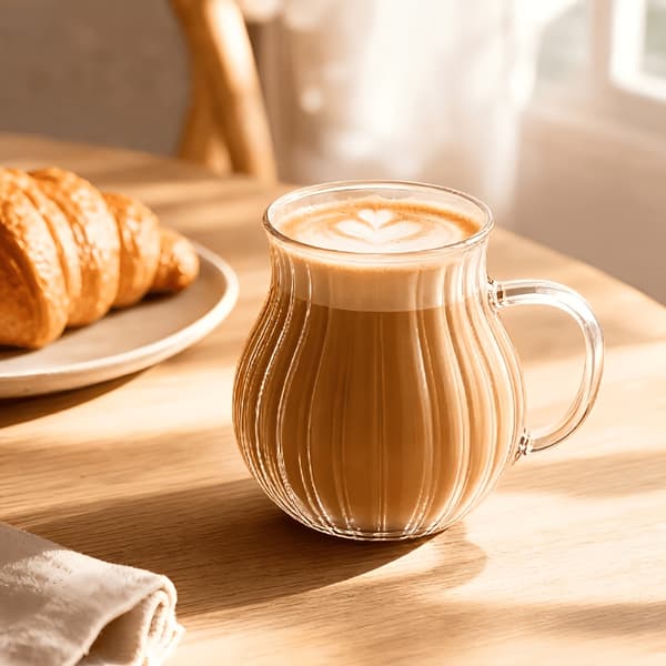 Rillede borosilikatglasskopper med håndtak for kaffe, te, melk, juice 6pcs