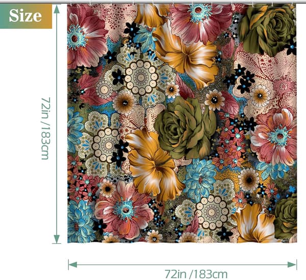 Boho Blomstret Badeforhæng med Flerfarvede Blomsterprint, Etnisk Stil, Inkluderer 12 Kroge til Badeværelset, 183 x 183 cm