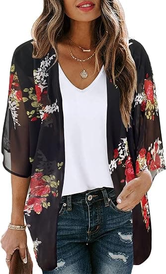 Kimono-cardigan med blomstertrykk og puffermer for kvinner, løs overdel, uformell bluse-FO-