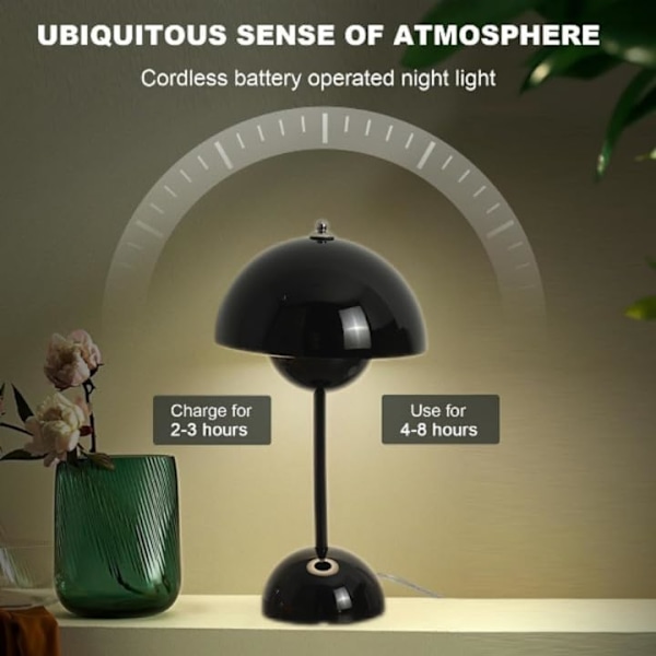 LED-bordlampe, trådløs batteri, berøringsregulerbar blomsterpottebord, 3 farver moderne svampelampe, genopladelig blomsterpottelys, (sort)