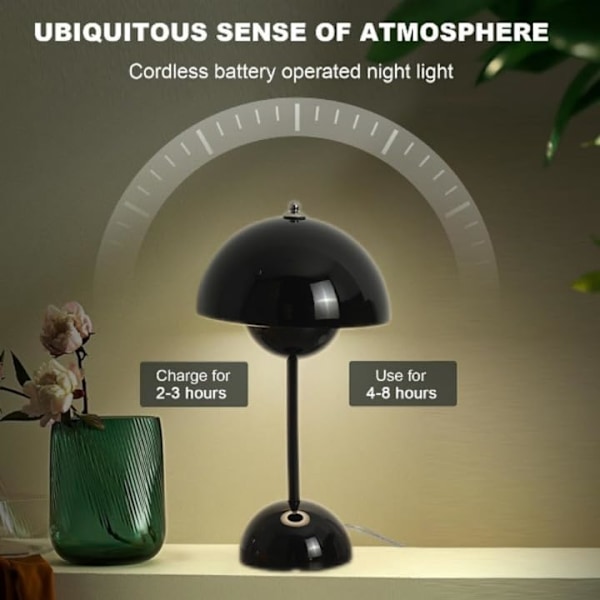 LED-skrivebordslampe, trådløs, batteridrevet, berøringsdimmbar blomsterpottebord, 3 farger moderne sopplampe, oppladbar blomsterpottelys, (svart)