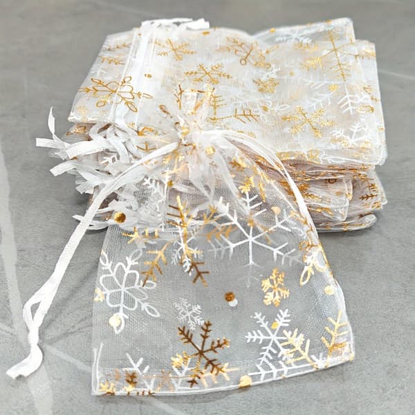 Snöflingeorganzapåsar med dragsko för julbröllopssmyckesförpackningar 9x12cm(25pcs) White Snowflake
