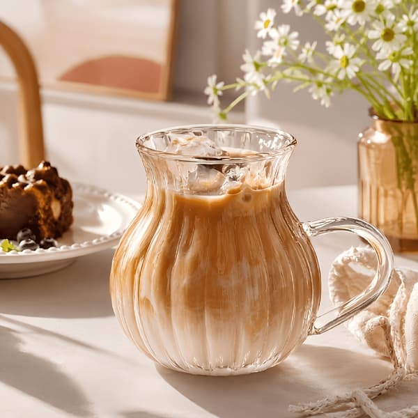 Rillede borosilikatglasskopper med håndtak for kaffe, te, melk, juice 6pcs