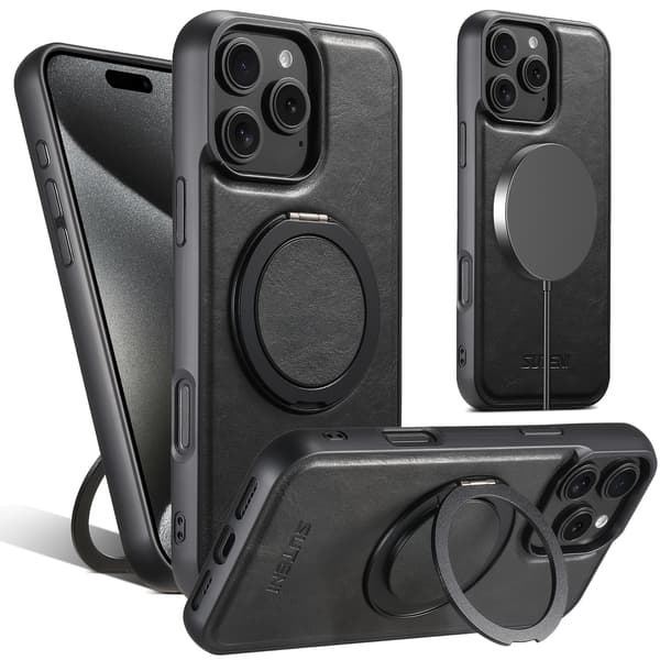 SUTENI Magnetisk Trådløs Ladeetui med 360° Roterende Ringstativ, Kunstskinn iPhone 14 Plus Blue