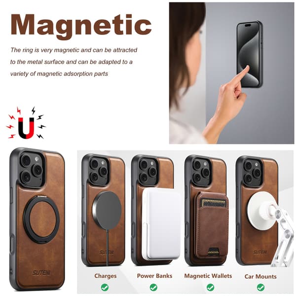SUTENI Magnetisk Trådløs Ladeetui med 360° Roterende Ringstativ, Kunstskinn iPhone 14 Plus Blue