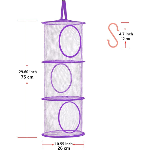 Vikbara hängande nätpåsar för förvaring, fack för gosedjur, 2-pack (3-våningar - gul och lila)