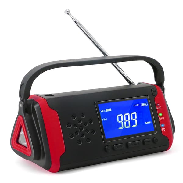 Aurinko- ja käsiveivattava hätäradio taskulampulla, FM/sää-FO-