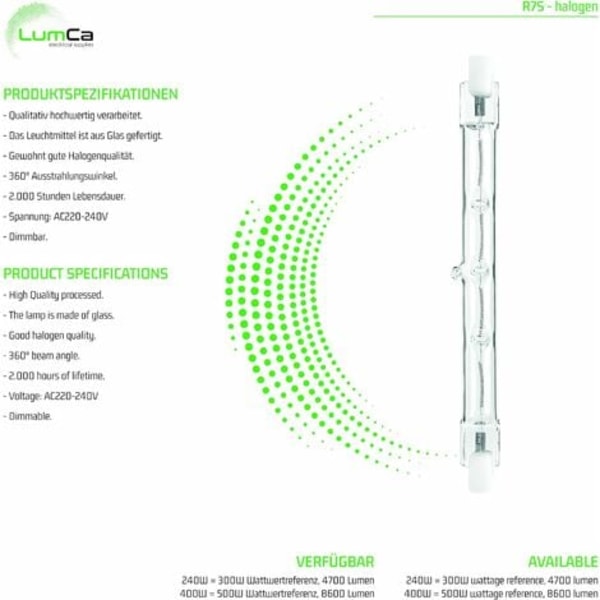 2 kpl halogeeniputkia 400 W, vastaa 500 W, 118 mm, lämmin valkoinen