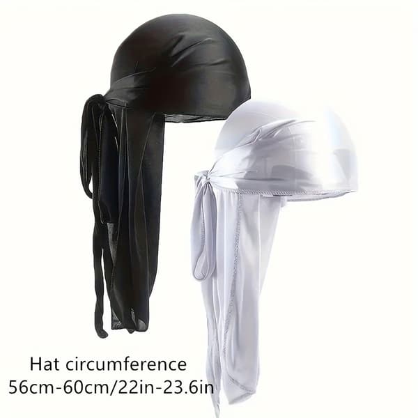 2-pak strikket polyester Durag pirathat med ekstra lang hale 2pcs/set Black+Silver