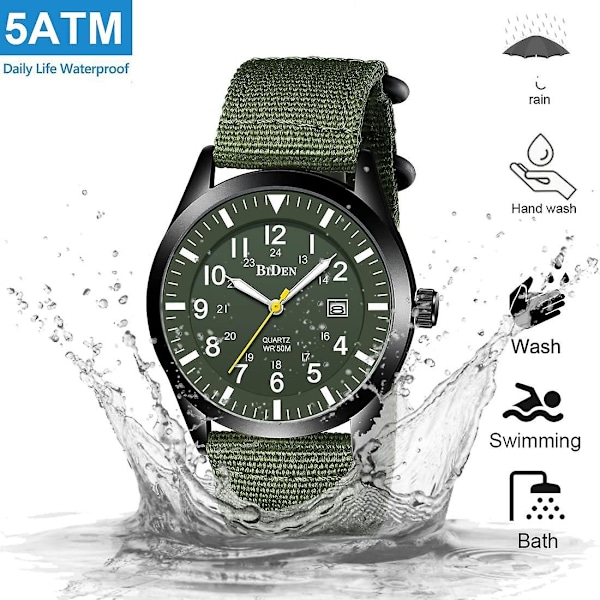 Herrura Militärklockor för män Analog Quartz Watch Herr Vattentäta armbandsur Datum（Svart skal svart ansikte svart nylon ）