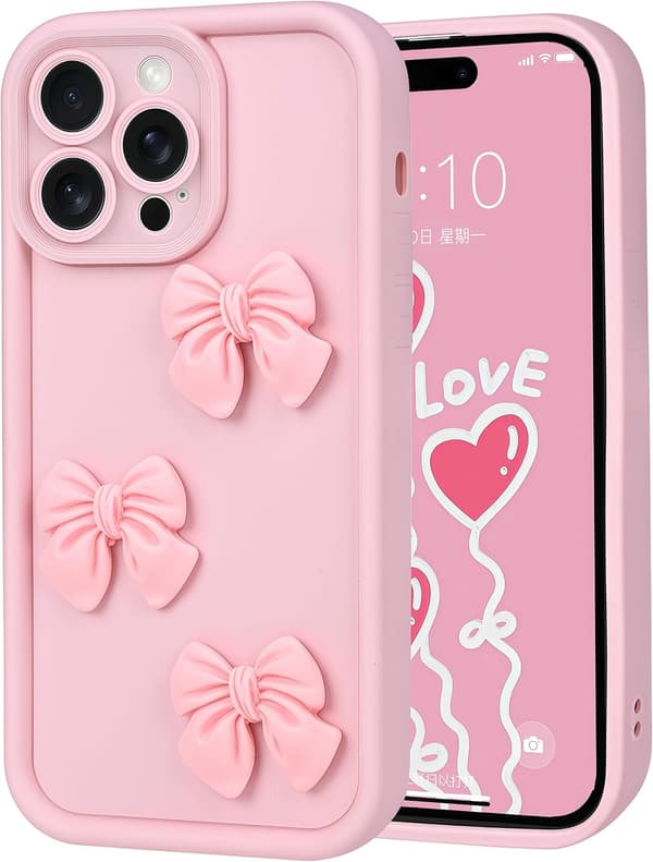 Søte deksler til iPhone 16 Pro Max Rosa 3D Sløyfedesign Mykt Støtsikkert Beskyttende Telefondeksel for Jenter Kvinner-FO-