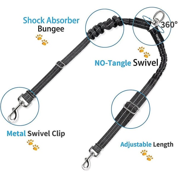 Kaksoisliitäntä, säädettävä ja 360 kääntyvä, koirantalutushihna 2 koiralle, heijastava joustava hihna, pienille, keskisuurille ja suurille koirille Hy