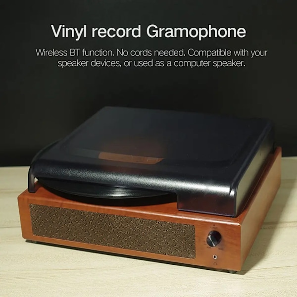 Vinylspelare Bluetooth skivspelare med 2 inbyggda högtalare 3-hastighets vintage LP-spelare, stöd för Bluetooth in RCA Out Aux i hörlursuttag