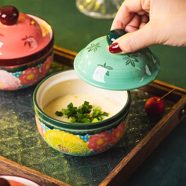 Håndmalet blomstret keramisk gryde med låg til suppe og ægdamning 1pc Pink