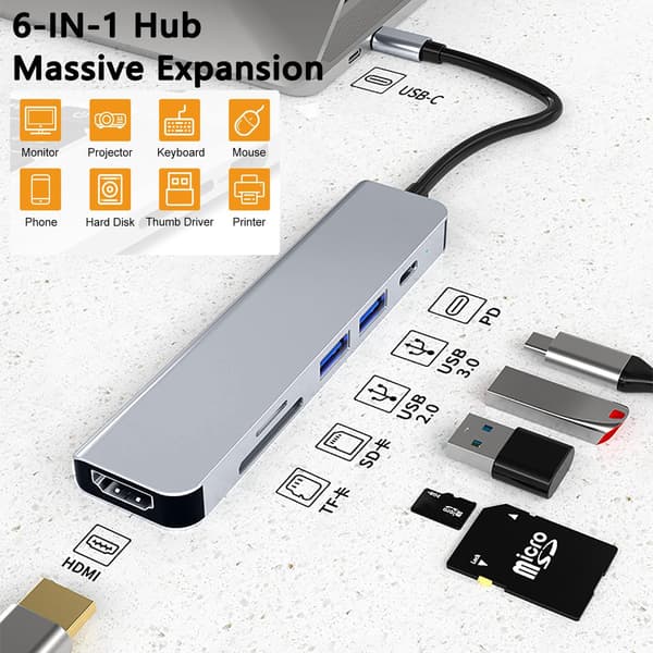 USB C-hub til MacBook Pro, 6-i-1-adapter med 4K HDMI, USB 3.0, SD/TF-læser og 87W PD-FO-