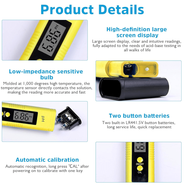 pH-måler - pH-måler pH-måler med LCD-skjerm, pH-måler måler vannhardhet, høy nøyaktighet, 0,00-14,00 måleområde