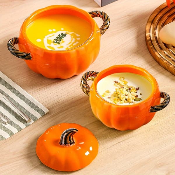 Keramisk gresskarskål med lokk og håndtak for suppe, godteri og høstdekor Medium