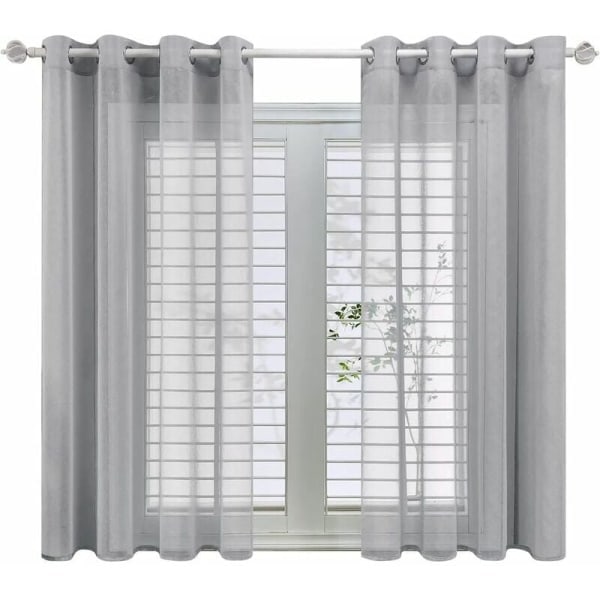 Grå gardiner i hørlook 140x160cm halvtransparente med øjer - Soveværelsesvoilegardiner til stue, moderne køkkengardiner, 2-pak-KK-