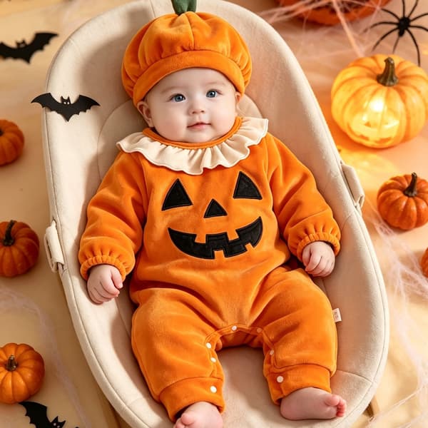 Babygutt Gresskar Broderte Hettegenser Romper for Høst og Vinter 6-12M Orange-Red