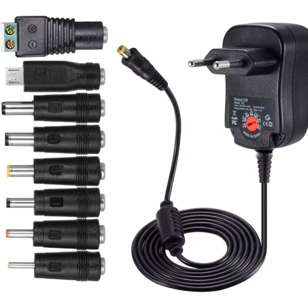 12W Universal AC DC power 3V 4,5V 5V 6V 7,5V 9V och 12V med 8 valbara adapterkontakter, 1000mA Max, 115cm laddningskabel