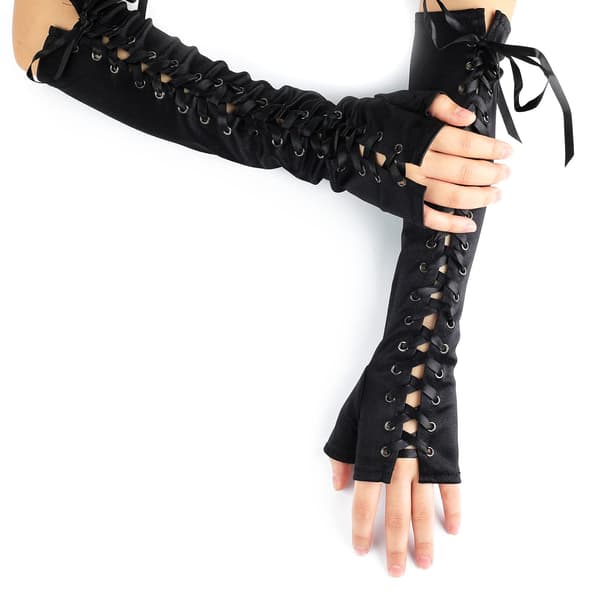 Lange fingerløse handsker til kvinder - sorte blonde Steampunk armvarmere til Cosplay-FO-