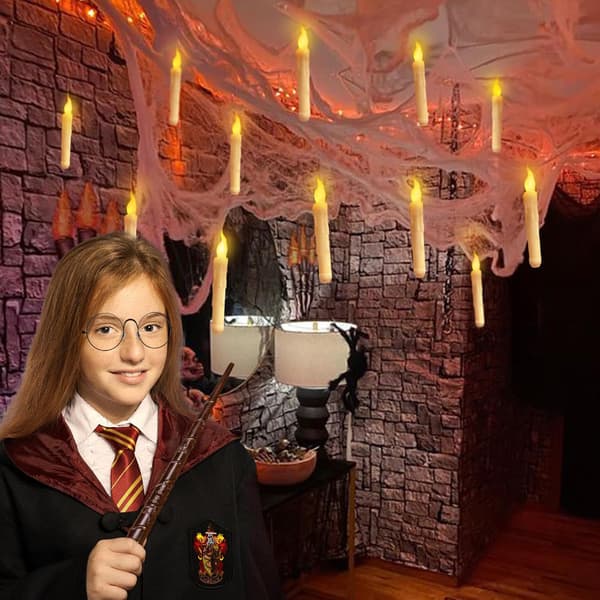 12 Magiske Flydende LED-lys med Tryllestav - Flammefrit Halloween-pynt-FO-