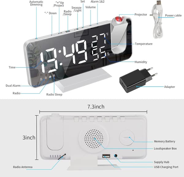 Projection Alarm Clock, Clock Radio with Temperature, Humidity, 7.5-inch Mirror LED Display, with Automatic Dimming Function, (White)-FO-