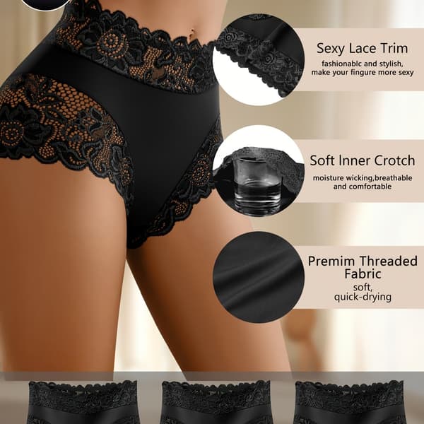 3-pack Enfärgade Högmidjade Trosor med Spetsdetaljer för Kvinnor M Black