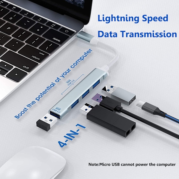 USB-C Hub Multiport Adapter Kompatibel med Windows 10/8/7/Vista/XP/MacBook/Pro/Air/MateBook/Bærbar PC/Samsung GalaxyBook/Telefoner, Grå